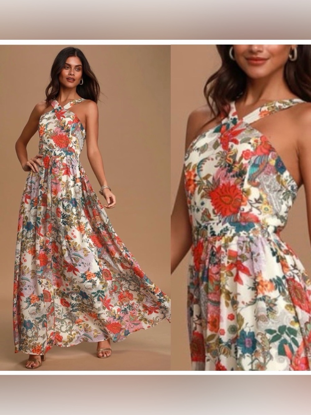 Lulus Lila Cream Floral Print Maxi Dress Size L - Picture 1 of 13
